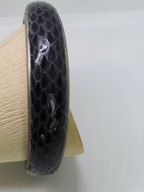 Vintage Made In Italy Black Genuine Snakeskin Silver-Tone Hinged Bangle Bracelet